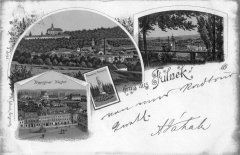 dobová pohlednice města s kostelem (vlevo dole)