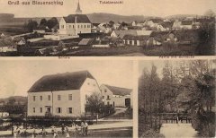 dobová pohlednice vsi s kostelem(nahoře)