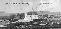 dobová pohlednice vsi s kostelem - výřez