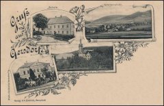 dobová pohlednice vsi s kostelem
