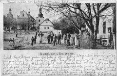 dobová pohlednice vsi s poutním areálem