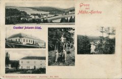 dobová pohlednice vsi s kaplí (nahoře vpravo)