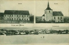 dobová pohlednice vsi s kostelem