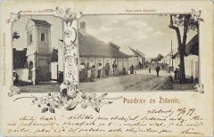 dobová pohlednice městské části s kaplí (vlevo)
