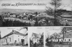 dobová pohlednice vsi s kostelem a zvonicí (v dolní řadě snímků, uprostřed)