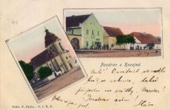 dobová pohlednice vsi s kostelem