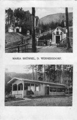 dobová pohlednice poutního areálu (kaple vlevo nahoře)