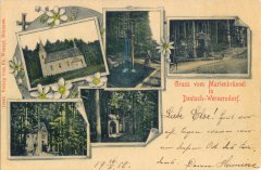 dobová pohlednice poutního areálu (kaple dole uprostřed, vpravo od světlejší brány)