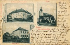 dobová pohlednice vsi s kostelem