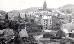 celkový pohled na město s torzem synagogy (vpravo od velkého světlého domu)