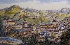 veduta: město od západu se synagogou v popředí vpravo