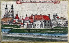 kolorovaná mědirytina s kostelem (vpravo), autor Werner Friedrich Bernhard