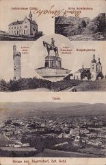 dobová pohlednice s kostelem (vpravo od středu)