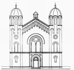 nákres synagogy - pohled ze západu