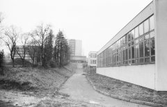 vpravo novostavba školy na místě hrobů,  uprostřed ve stromech zbytek zdi mezi židovským a komunálním hřbitovem, vlevo plocha zrušeného komunálního hřbitova 