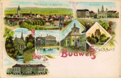 dobová pohlednice města se synagogou (vlevo nahoře)