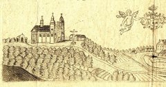 kresba 14. zastavení křížové cesty (vlevo od kostela) na tovaryšském listu mlynářského cechu v Krnově