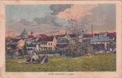 historická pohlednice města se synagogou (vlevo)