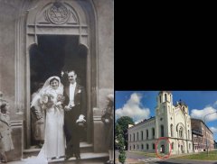 plastika nad bočním vchodem, později zničená a dle této fotografie opět zhotovená
