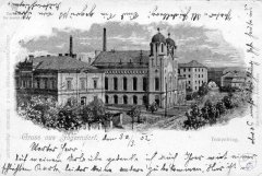 starší pohlednice části města se synagogou
