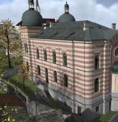 virtuální rekonstrukce synagogy - pohled zezadu zprava