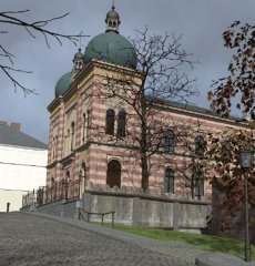 virtuální rekonstrukce synagogy - pohled zepředu zprava