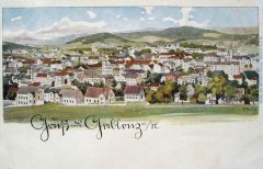 historická pohlednice města se synagogou (vpravo od středu)
