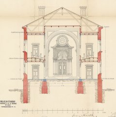 architektonický plán synagogy - příčný řez budovou