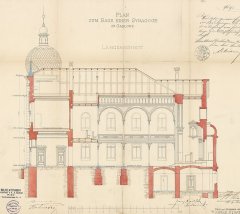 architektonický plán synagogy - podélný řez budovou