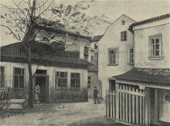 malba synagogy (v pozadí)
