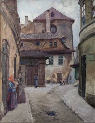 malba synagogy (v pozadí) na obrazu Jana Minaříka