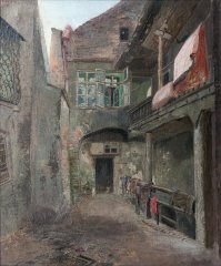 malba dvoru rohového domu (čp. 181) u synagogy (pravděpodobně vlevo) na obrazu Jana Minaříka