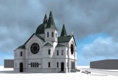 virtuální rekonstrukce synagogy - pohled zepředu zleva