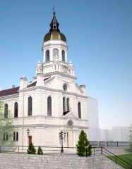virtuální rekonstrukce synagogy - pohled zepředu zleva
