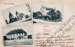 dobová pohlednice vsi se synagogou (vpravo nahoře)