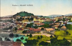 dobová pohlednice města se synagogou (za domem s pěti okny u rybníka)