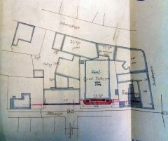 stavební plán schodiště do synagogy - umístění v městské zástavbě