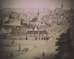 obraz náměstí sv. Anny s motivem synagogy (ve žlutém rámečku)