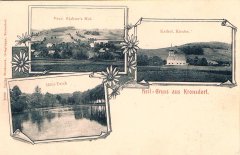 starší pohlednice vsi s kostelem (vpravo)