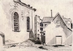 kresba od Karla Šafáře s námětem synagogy (vlevo)