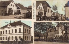 dobová pohlednice vsi se synagogou (vpravo nahoře, druhá budova zleva)