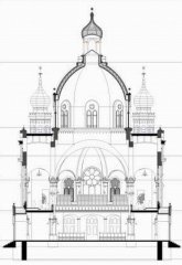 nákres synagogy - příčný řez v přední části