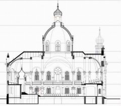 nákres synagogy - podélný řez