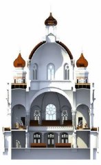 virtuální rekonstrukce synagogy - příčný řez v přední části