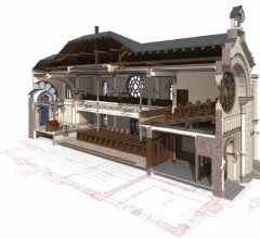 virtuální rekonstrukce synagogy - podélný řez