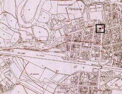 katastrální mapa města s vyznačením místa bývalé synagogy