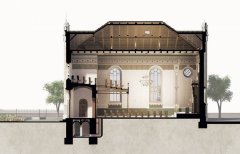 virtuální rekonstrukce synagogy před přestavbou v roce 1904 - podélný řez