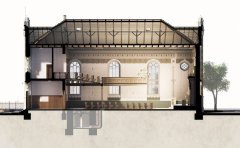 virtuální rekonstrukce synagogy po přestavbě v roce 1904 - podélný řez