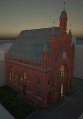 virtuální rekonstrukce synagogy - hlavní průčelí v noci