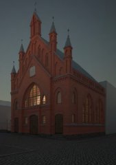 virtuální rekonstrukce synagogy - hlavní průčelí v noci